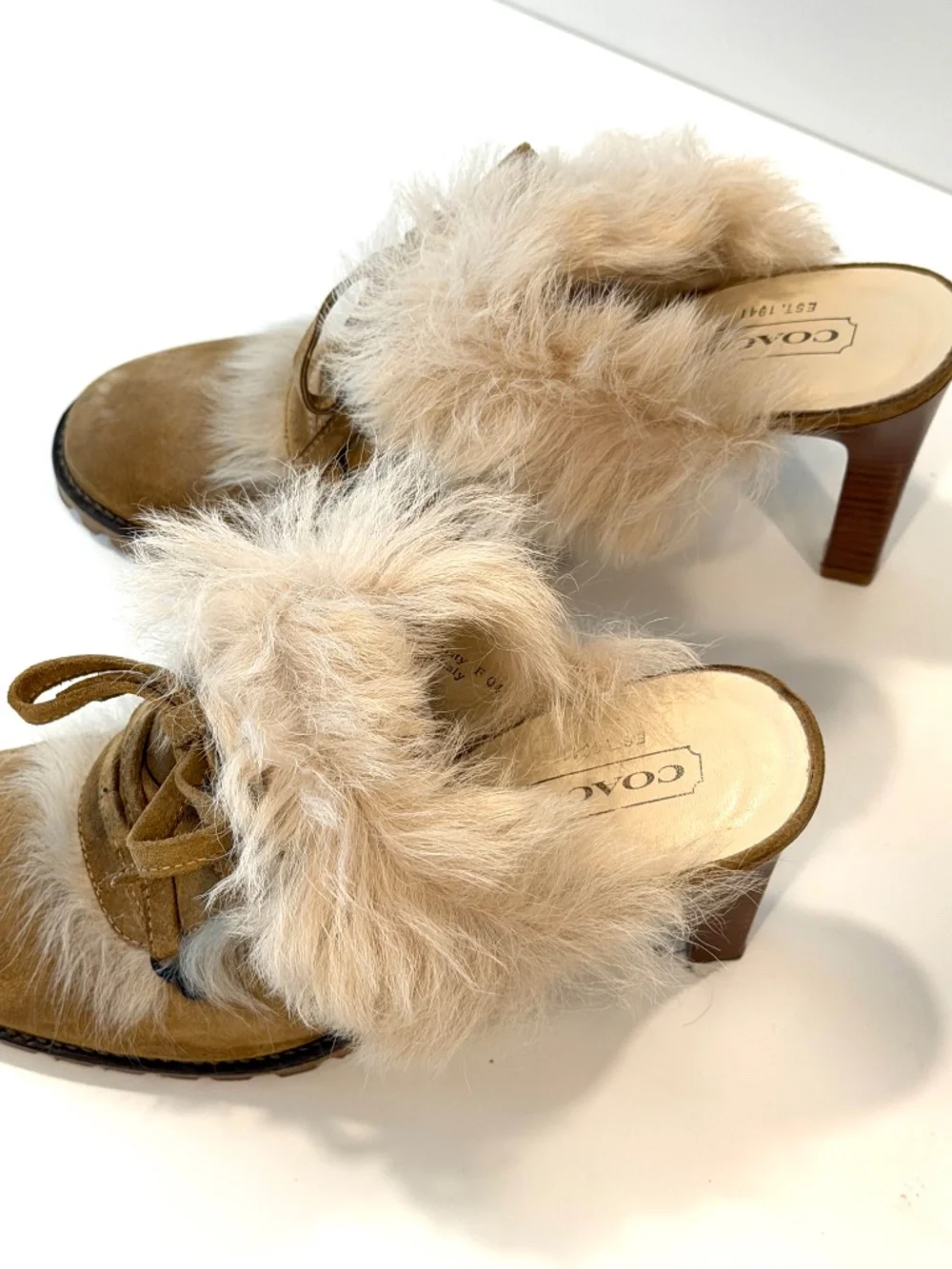 COACH Kristy Suede & Faux Fur Heeled Mules Tan / Chestnut Brown